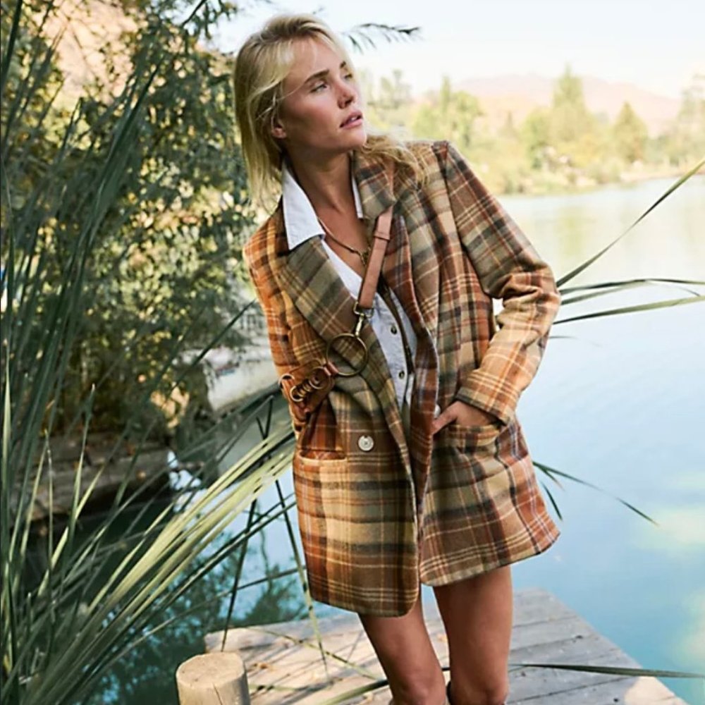 NWOT Free People We the Free Mari Plaid Blazer Winter Wheat
